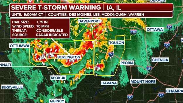 Intense morning storms cross the Mississippi River, battering Illinois communities