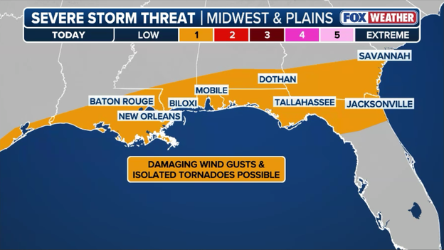 Invest 90L brings isolated tornado threat to the Deep South today