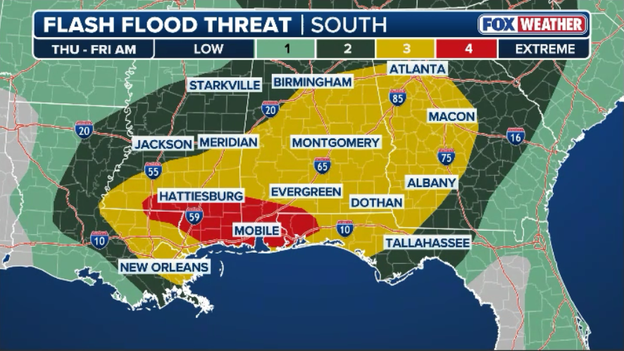 Remnants of Arthur trigger extreme flood threat across the South with a foot of rain possible