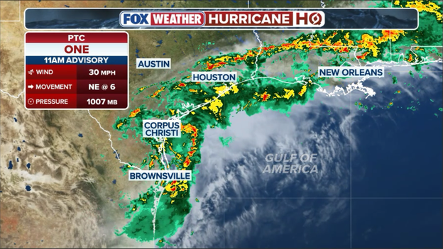 Potential Tropical Cyclone One spinning over South Texas
