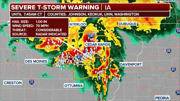 Vicious morning storms blast Iowa with hurricane-force wind gusts and large hail