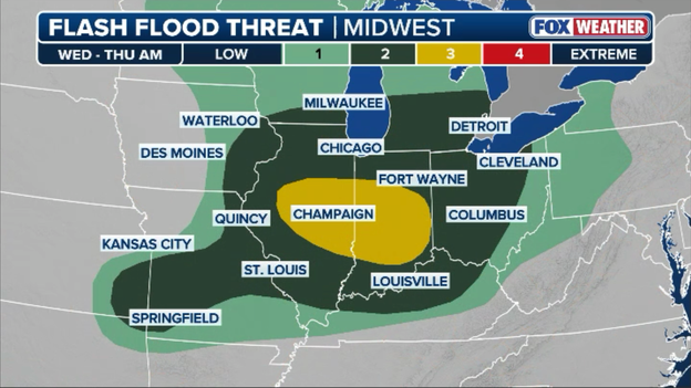 Flash flood threat shifts south in Midwest as central Illinois and Indiana face highest risk