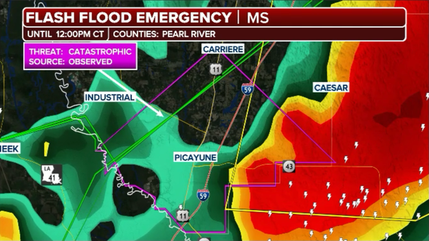 Flash Flood Emergency declared for Pearl River County as life-threatening water inundates Picayune
