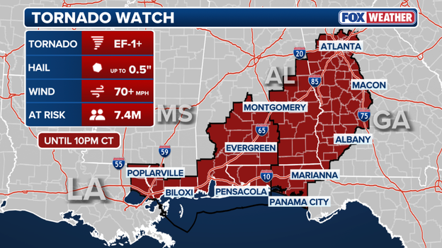 Severe storms expand eastward: Tornado Watch issued until 11 p.m. ET for Atlanta and the Deep South