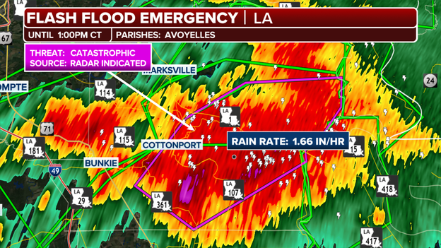 Flash Flood Emergency issued for Avoyelles Parish amid life-threatening water rises