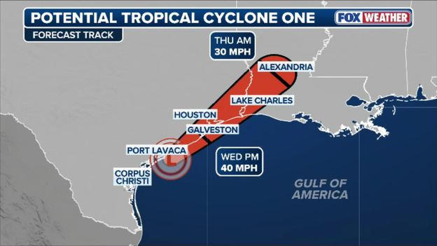 National Hurricane Center 8:00 a.m. update: Potential Tropical Cyclone One inches along Texas coast
