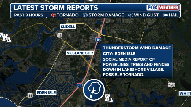 Damage reported in Lakeshore Village as suspected tornado downs trees and power lines
