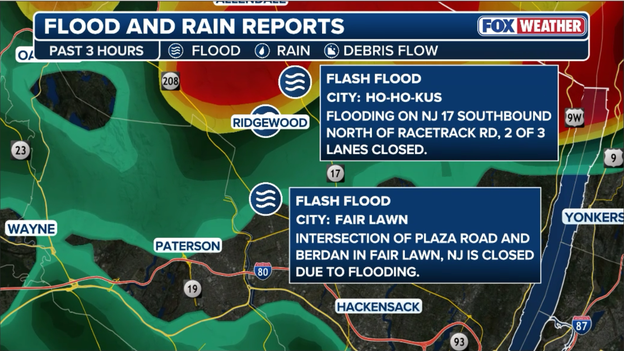 Dangerous flash flooding triggers road closures in New Jersey
