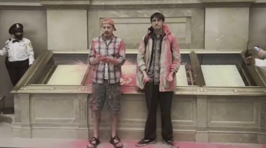 National Archives Rotunda evacuated after climate activists dump pink powder on case holding US Constitution