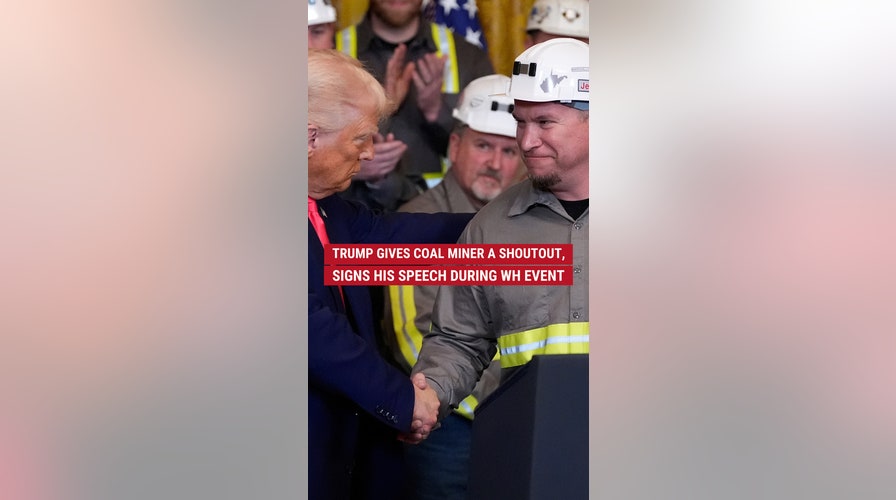 Trump gives coal miner a shout out, signs his speech at White House event