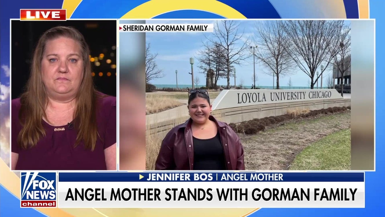 Angel Mother Jennifer Bos stands with slain Loyola student Sheridan Gorman's family