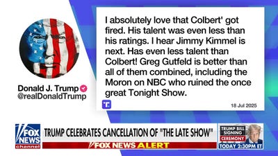 Trump celebrates 'The Late Show' cancellation: 'Love that Colbert got fired'
