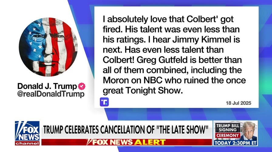 Trump celebrates 'The Late Show' cancellation: 'Love that Colbert got fired'