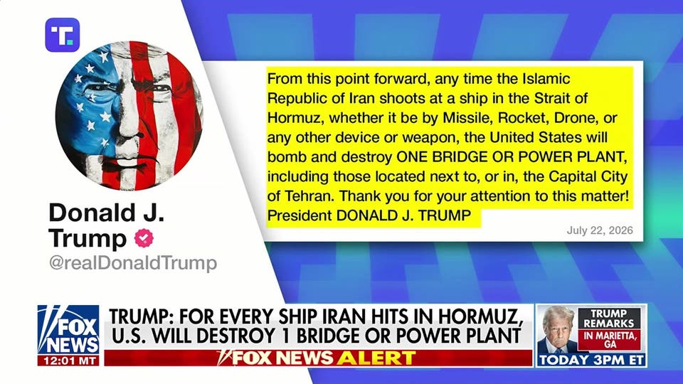 Trump threatens Iranian bridges, power plants