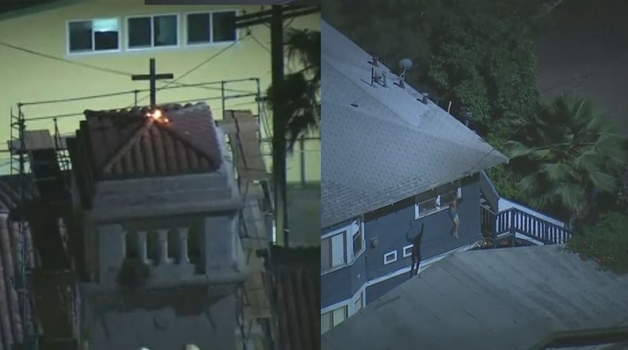 Shirtless California man arrested after setting fire to cross atop church, jumping rooftops