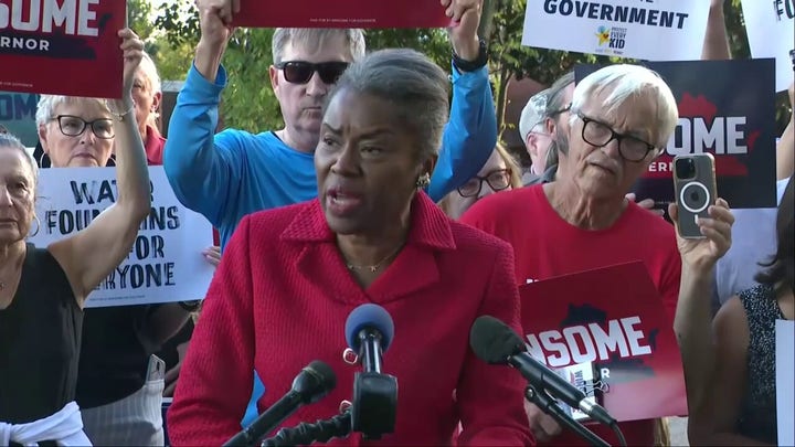 Winsome Earle-Sears speaks out in front of Fairfax County school board meeting.