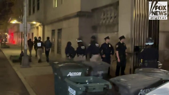 Protesters are led out of Columbia University in zip-tie handcuffs