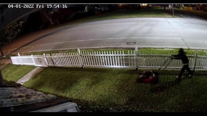 Texas police release video of suspect allegedly burglarizing home, mowing victim's lawn