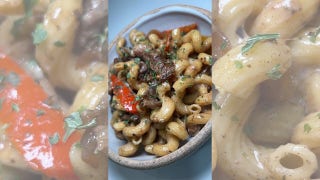 One-pot Philly cheesesteak pasta contains 32 grams of protein