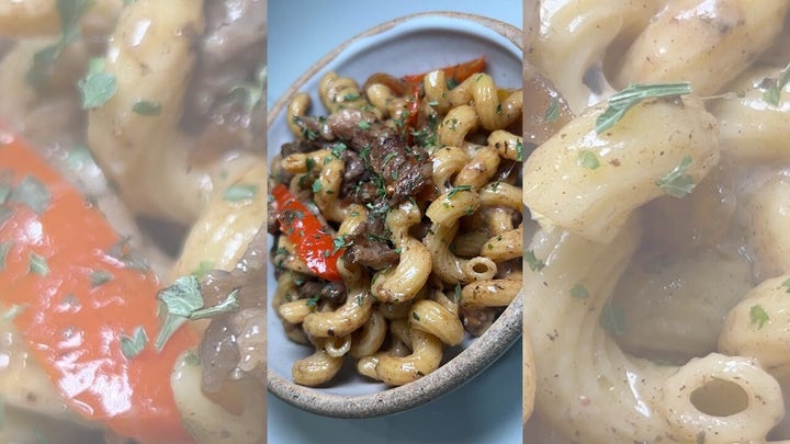 One-pot Philly cheesesteak pasta contains 32 grams of protein