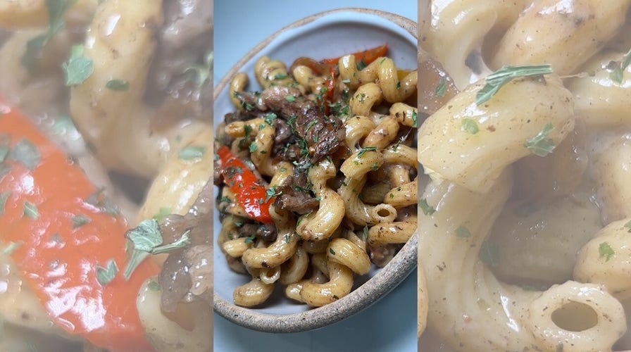 One-pot Philly cheesesteak pasta contains 32 grams of protein