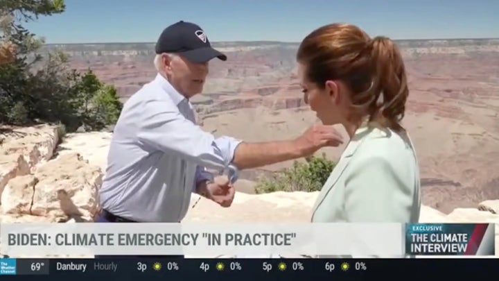 Biden brushes bug off reporters shirt during interview as he discusses climate record