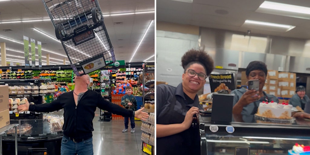 Las Vegas grocery store employees watch circus veteran balance cart on chin
