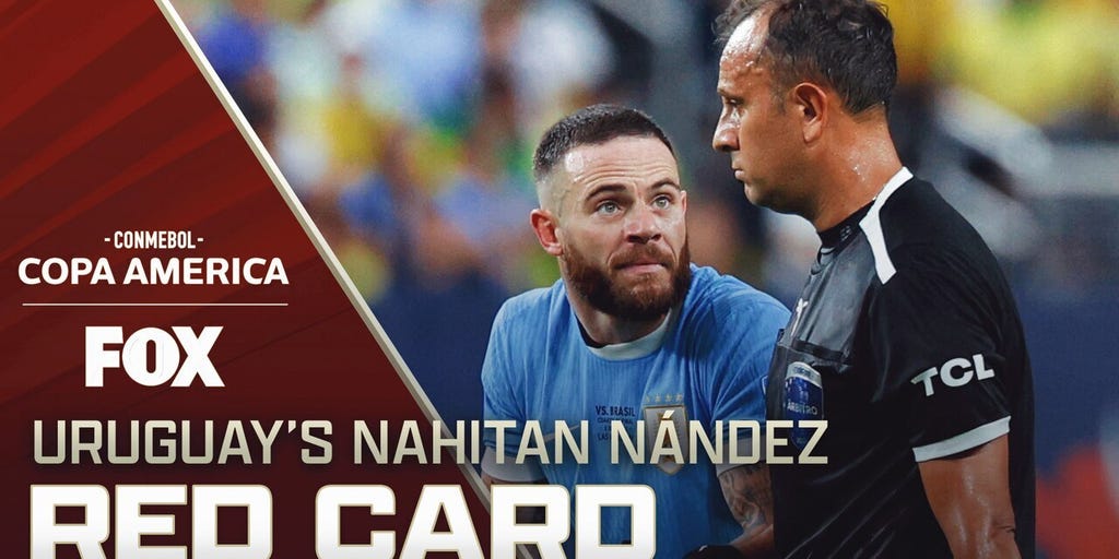 Uruguay's Nahitan Nández receives a RED CARD after tackle on Brazil's Rodrygo | Copa América