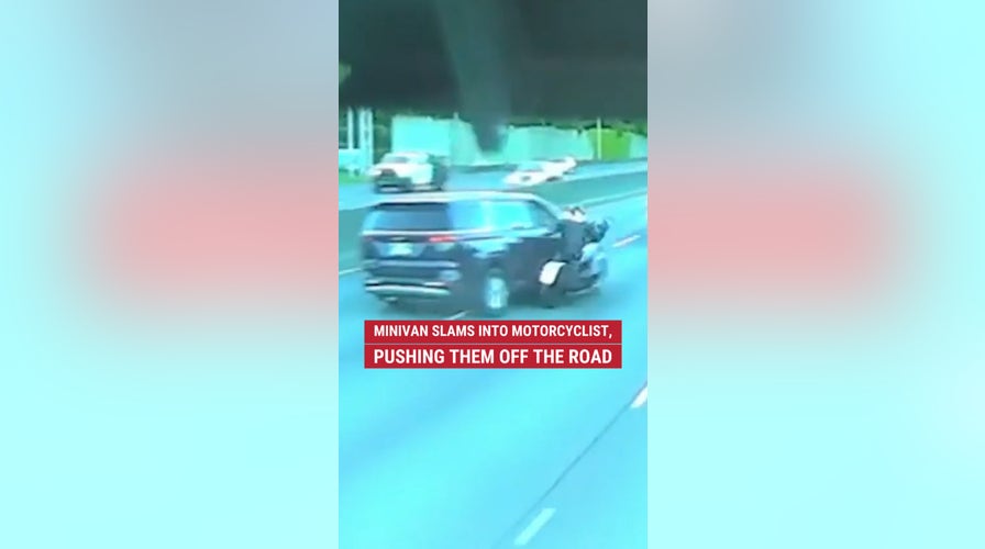 A minivan smashed into a motorcyclist, sending them off the road, then fled the scene