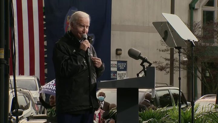 Biden misidentifies logo on rain jacket at Philadelphia event