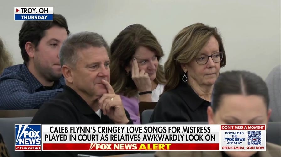 Caleb Flynn's love songs to mistress played in court as relatives awkwardly look on