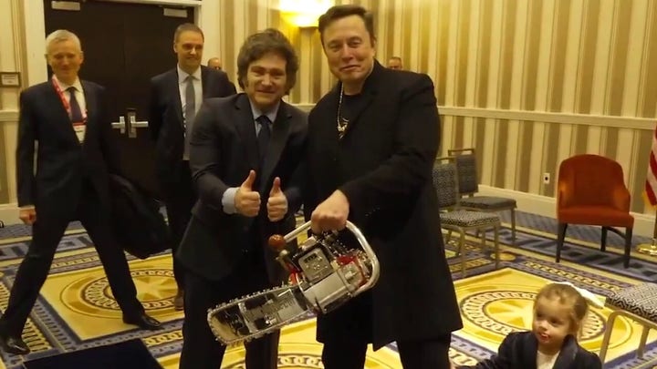 Argentina's Javier Milei presents Elon Musk with DOGE chainsaw
