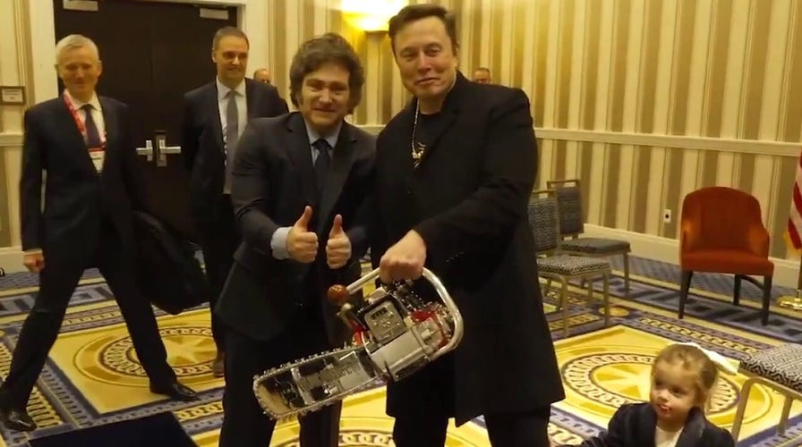 Argentina's Javier Milei presents Elon Musk with DOGE chainsaw