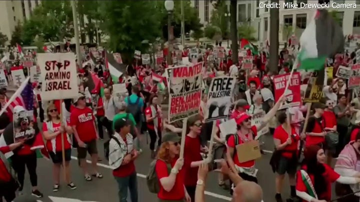 Anti-Israel agitators in DC protest Israeli Prime Minister Netanyahu's address to Congress