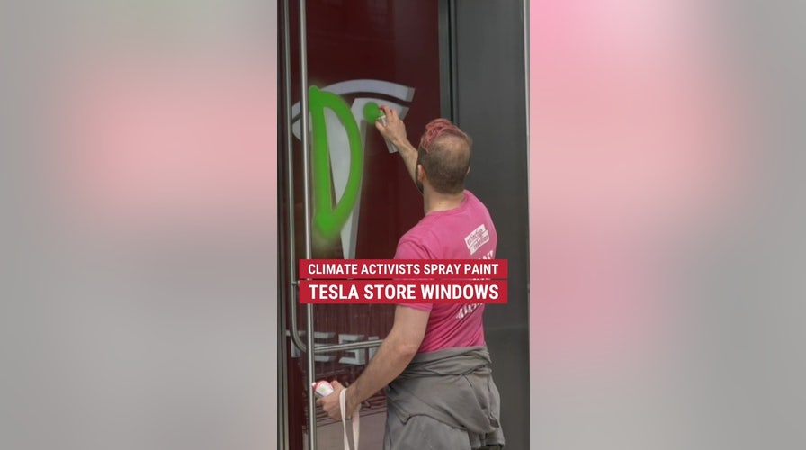 CAUGHT 'GREEN'-HANDED: Climate activists vandalize an NYC Tesla dealership on Earth Day