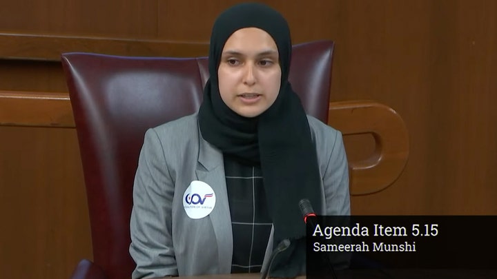 Sameerah Munshi speaking at a board meeting