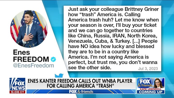 Enes Kanter Freedom rips WNBA player Natasha Cloud for calling US 'trash'