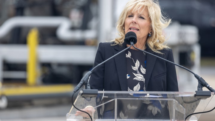 First Lady Dr. Jill Biden unveils a new US Postal Service stamp honoring former first lady Nancy Reagan.