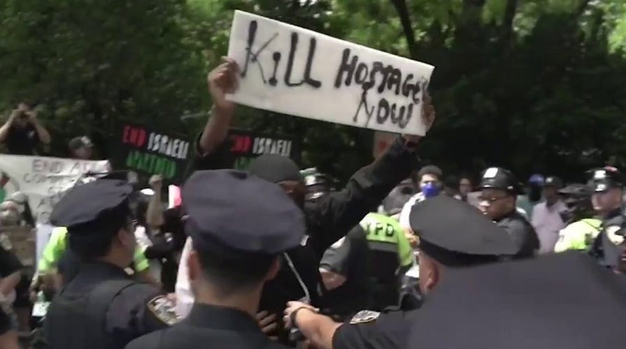 Masked protester taunts NYC Israel Day parade with 'Kill Hostages Now' sign