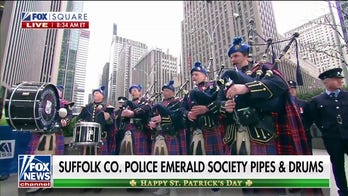 Suffolk County Police Emerald Society pipes and drums band performs live on FOX Square