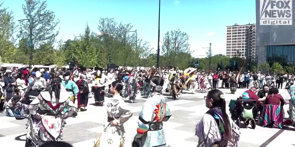 Native Americans perform traditional dance at Obama Presidential Center