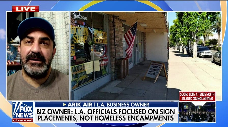 LA city officials crack down on business owner's sign, American flag placement, ignore nearby homeless camps