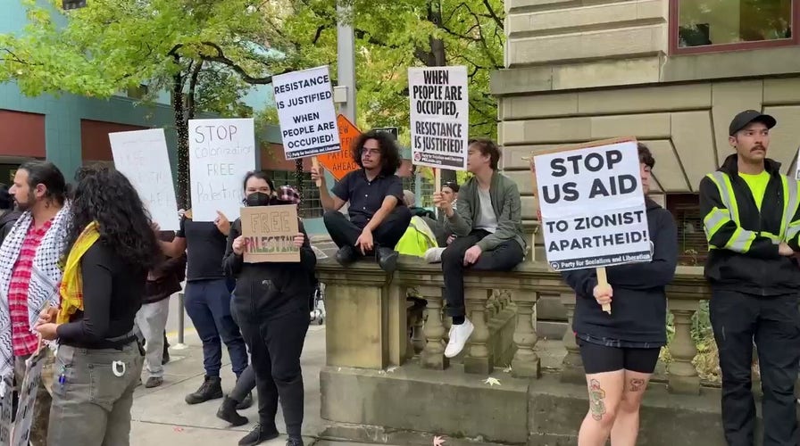 Pro-Palestinian demonstrators marched through the streets of downtown Portland