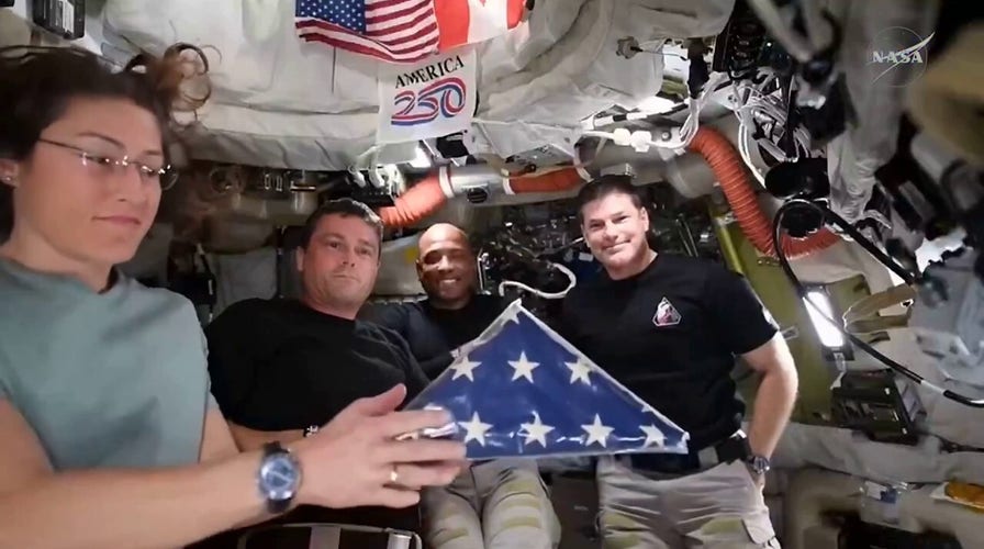 Artemis II astronauts amusement   disconnected  Apollo 18 emblem  from space