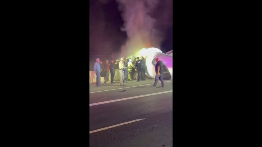 Dramatic video shows rescuers rushing to aid victims after business jet crashes, erupts in flames on Texas highway