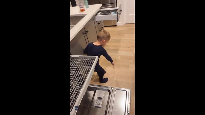 Toddler takes huge precaution as he helps unload the dishwasher in his kitchen