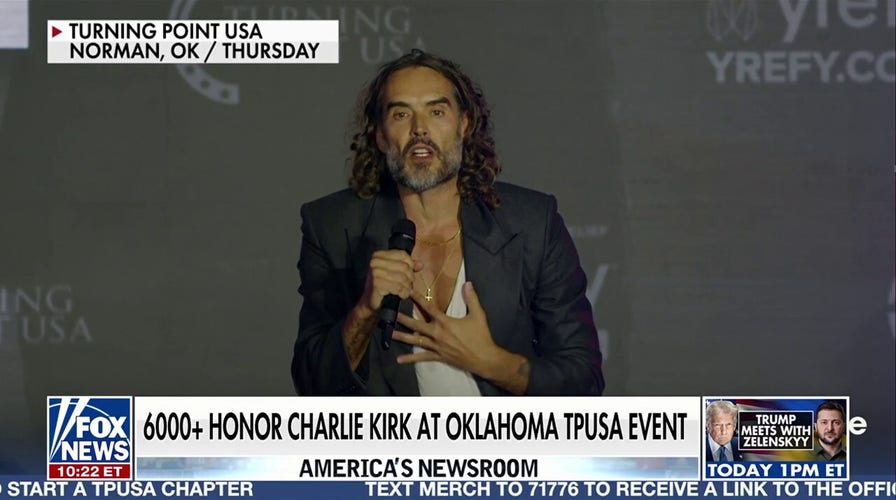 Russell Brand speaks to large crowd in Oklahoma as part of Turning Point USA tour