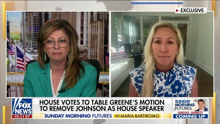 Despite her failed call to oust him from the gavel, Greene doubled down on her scrutiny of Johnson during her own appearance on "Sunday Morning Futures," accusing him of being "owned by the Democrats."