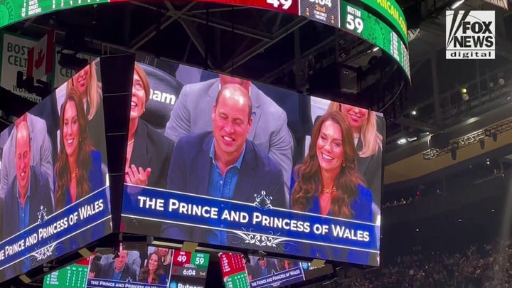Prince William and Kate Middleton appear on the Jumbotron at the Celtics game