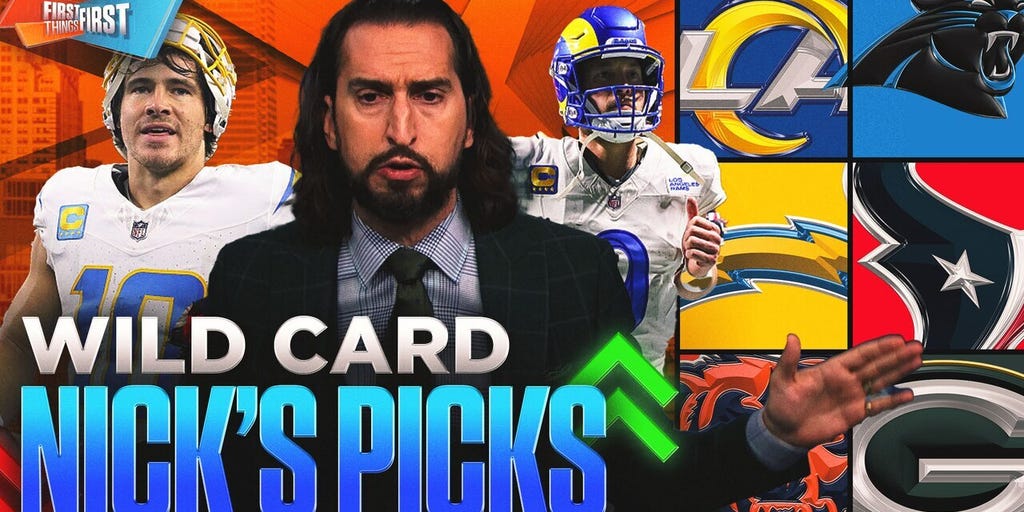 Rams (-10.5), Chargers (+3.5) and Jaguars (+1.5) highlight Nick Wright's Wild Card Picks | First Things First